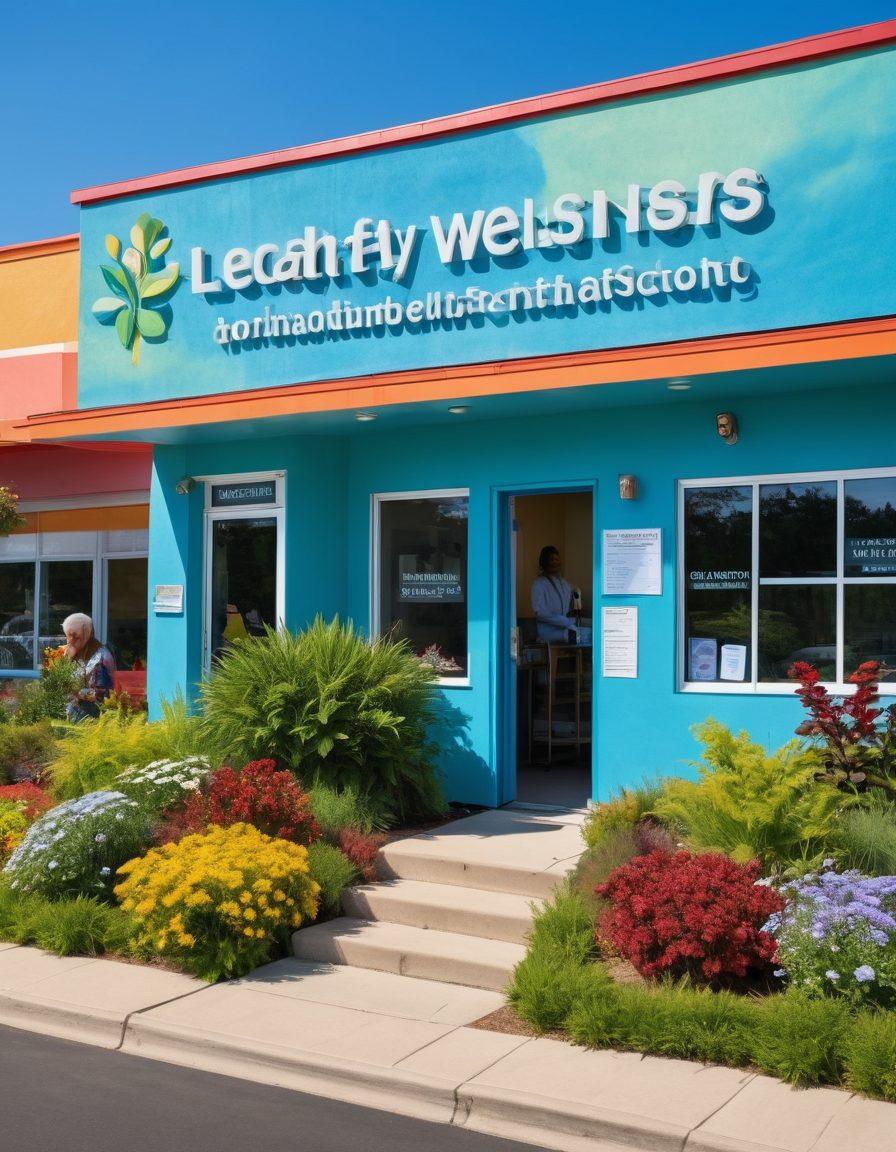A vibrant, inviting exterior of a local health center with cheerful colors, featuring a garden with diverse plants, smiling people engaging in wellness activities, and a welcoming sign that reads 'Affordable Wellness'. The background includes a clear blue sky and community members interacting harmoniously. super-realistic. vibrant colors. sunny atmosphere.