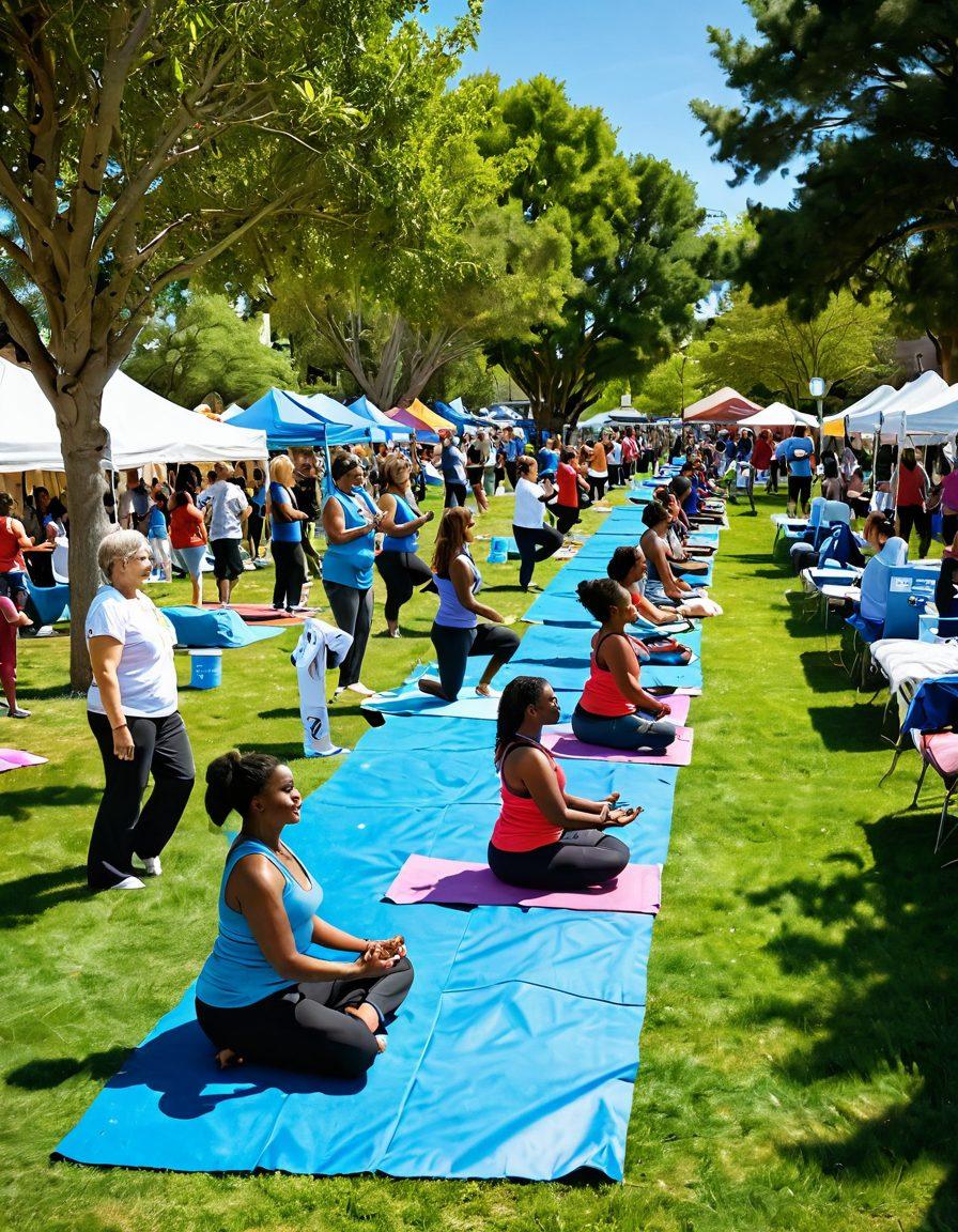 A vibrant community health fair scene, showcasing diverse individuals engaging in various wellness activities like yoga, nutrition workshops, and fitness classes. Include booths displaying free health screenings and information about local services. Illustrate a sunny outdoor setting with trees and banners promoting health. Emphasize a sense of togetherness and vitality among participants. bright colors. super-realistic. upbeat atmosphere.