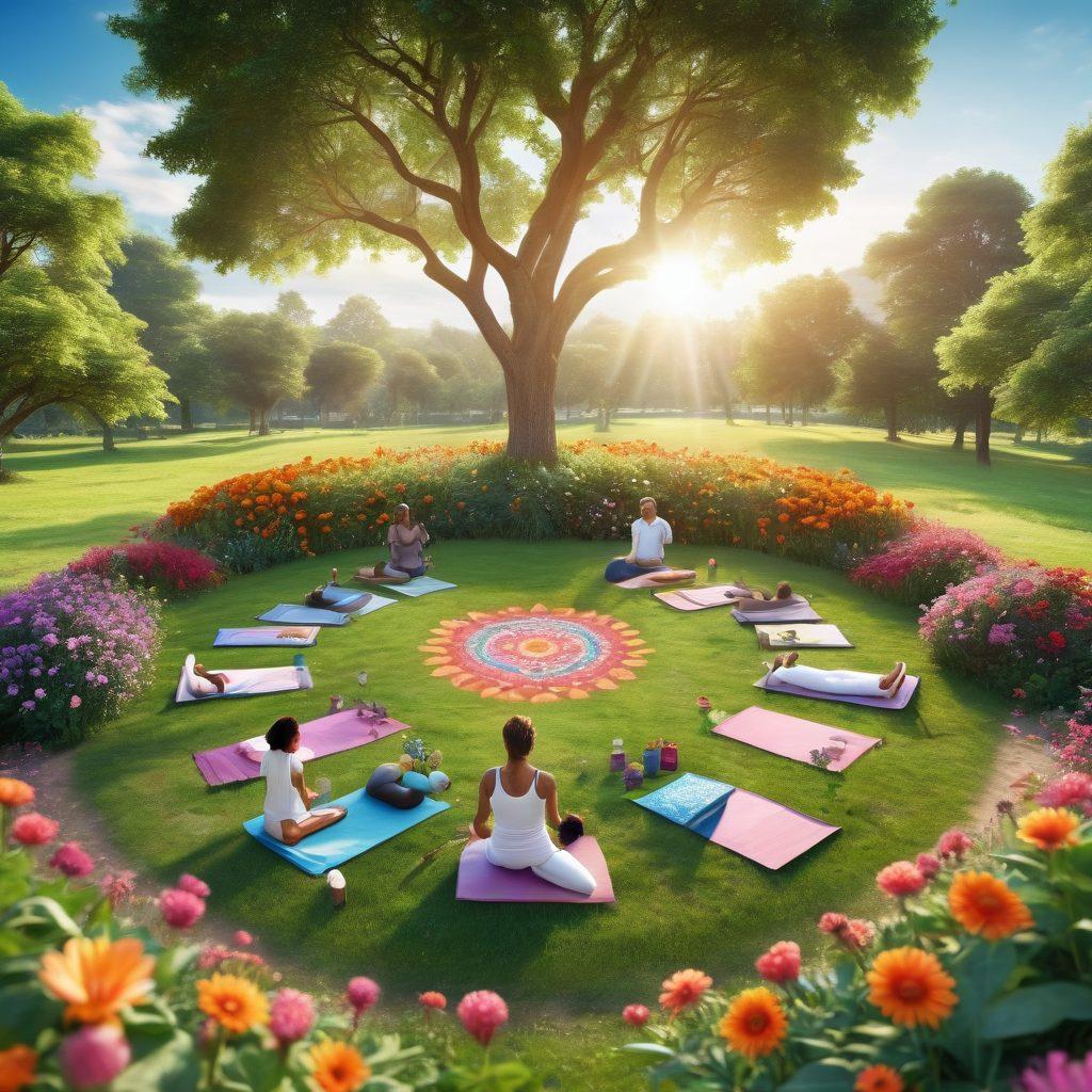 An inviting nature scene featuring a diverse group of people practicing yoga together in a lush green park, surrounded by vibrant flowers and trees. Incorporate symbols of holistic health like a mandala, essential oils, and fresh fruits. The sky is bright and sunny, embodying positivity and wellness. Emphasize inclusivity with individuals of different ages and backgrounds. 3D, vibrant colors, peaceful atmosphere.